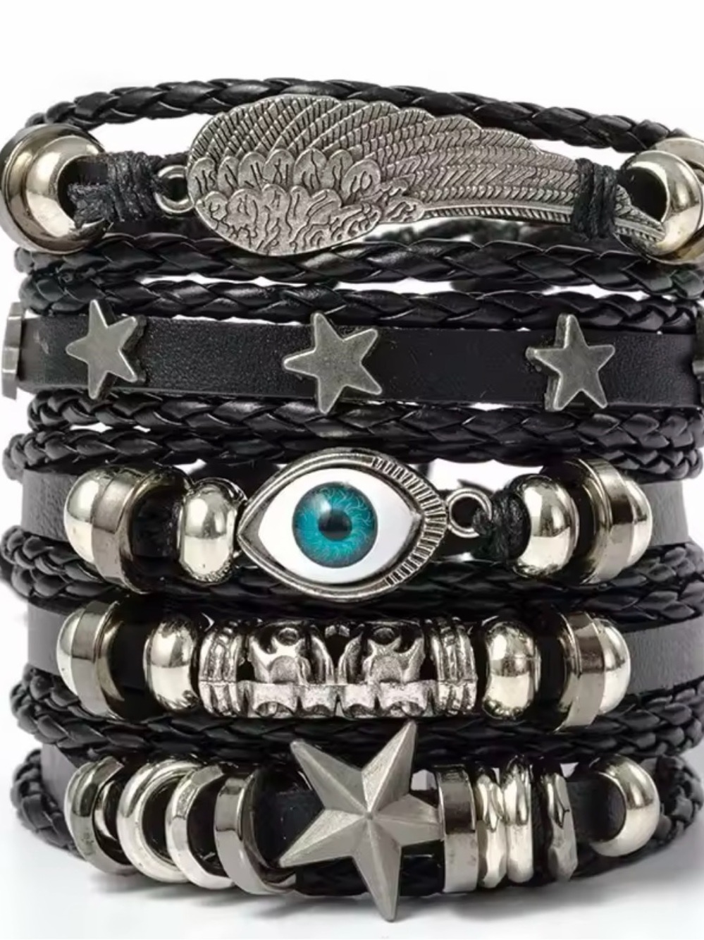 Black Leather Multi-Strand Woman’s Bracelet with Silver Charms.(5 bracelets)